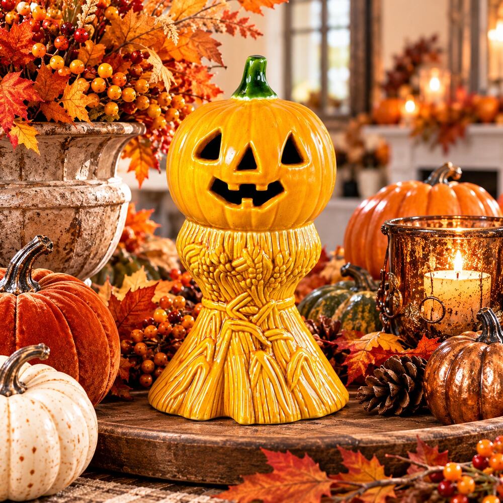 Halloween Candle Holder Ceramic Jack O Lantern Pumpkin Wheat Fall Decor Vintage